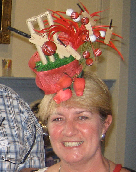 Milliners & Hatters Open Competition 3rd prize winner 'The Ashes 2013' hat, worn by its creator Alison Nicholls